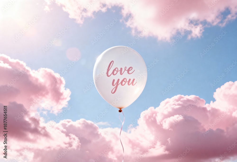 Fototapeta premium White balloon with pink text saying love you floats against a bright blue sky filled with fluffy pink clouds, creating a cheerful and romantic atmosphere with copy space