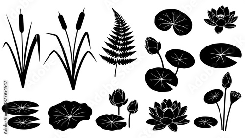 “Aquatic flora silhouettes, cattail reeds, fern leaves, lotus pond elements, black vector icons”
