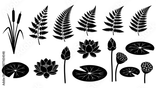“Aquatic flora silhouettes, cattail reeds, fern leaves, lotus pond elements, black vector icons”