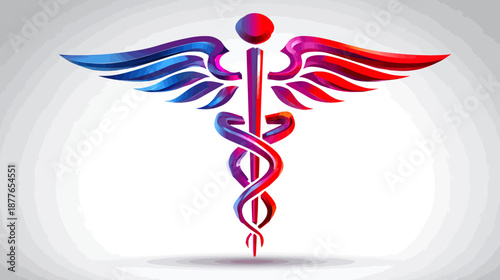 Colorful depiction of a medical symbol with wings and a staff on a gradient background