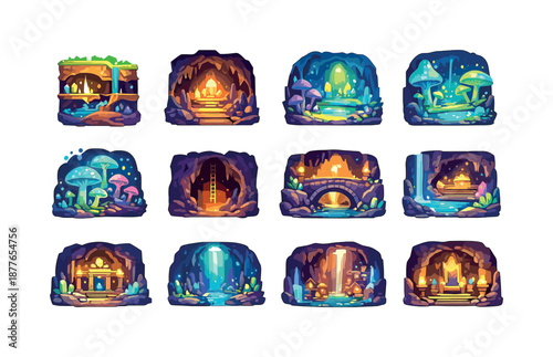 Colorful Underground Icons. Underground worlds. Colorful flat vector icons set of underground worlds: layered cavern map, giant cavern hall, subterranean