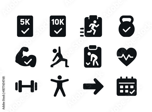 Fitness Program Icons Grid. Training program icons. Solid icon set of training program icons: 5K plan, 10K plan, marathon plan, strength cycle, hypertrophy
