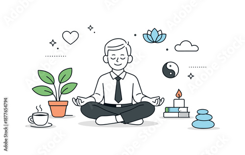 Mindful Workspace Break. Employee wellbeing. Worker taking a short mindful break with plants and calm symbols nearby, showing balance and care. Peaceful