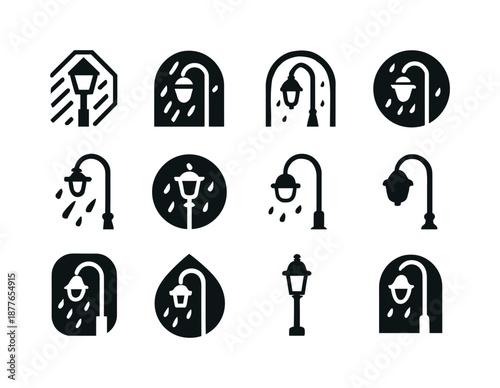 Rainy Day Logos. Rainy Day. Icon set. Set Logo of Rainy Day: streetlight in rain. harmonious logo variations of the same emblematic concept, each