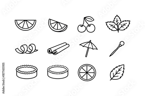 Party Drink Icons. Party drinks. Line icon set of drink garnishes: lemon slice, lime wedge, cherry garnish, mint sprig, orange twist, cinnamon stick, umbrella