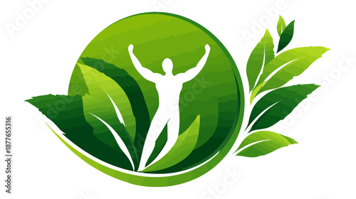 A vibrant, green logo featuring a human figure with arms raised, surrounded by stylized leaves