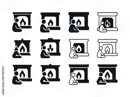 Cozy Fireplace Icons. People enjoying a warm fire in the fireplace. Icon set. Set Logo of people enjoying a warm fire in the fireplace: cozy sitting position.