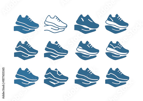 Senior Fitness Logos. Sports and fitness for seniors and elderly. Icon set. Set Logo of sports and fitness for seniors and elderly: supportive workout shoe.