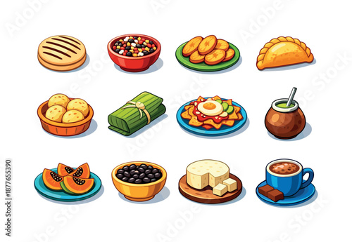 Latin Breakfast Icons. latin american breakfast. Colorful isometric vector icons set of latin american breakfast: arepa, gallo pinto bowl, fried plantains,