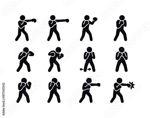 Boxing Move Icons. Boxing training moves. Solid icon set of boxing training moves: jab, cross punch, hook punch, uppercut, slip move, weave move, footwork