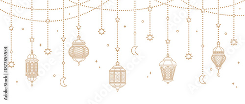 Islamic line art lantern hanging, crescent and stars. Eid Mubarak, Ramadan Kareem horizontal border for greeting card, banner or poster