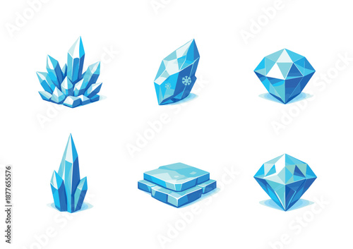 Winter Crystal Icons. Winter crystals. Isometric flat vector icons set of Winter crystals: sharp ice crystal cluster, prismatic snow shard, faceted frost gem,