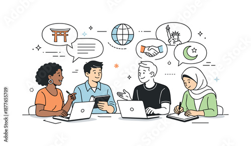 Cross-Cultural Collaboration. Cross-cultural teamwork. Colleagues collaborating with laptops and notes while subtle cultural symbols and speech bubbles appear,