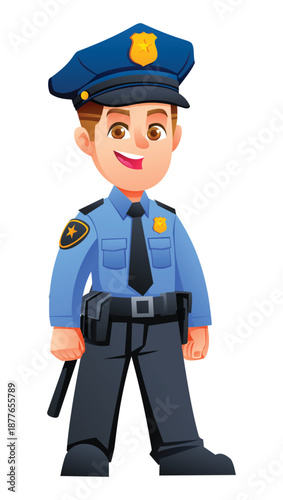 Young boy in a police officer uniform standing confidently with a smile. Vector cartoon character illustration
