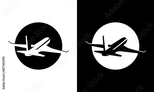 Airplane silhouettes in circular frames on contrasting backgrounds viewed from the side
