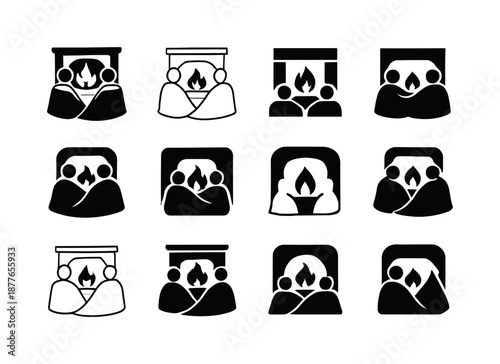 Cozy Fireplace Icons. People enjoying a warm fire in the fireplace. Icon set. Set Logo of people enjoying a warm fire in the fireplace: blanket and firelight.