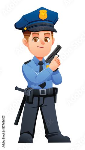 Young boy in a police officer uniform holding a handgun in a tactical pose. Vector cartoon character illustration