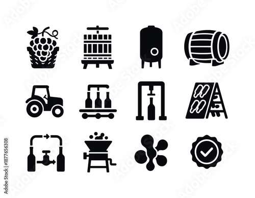 Wine Production Icons. Wine production. Solid icon set of wine production: grape harvest basket, grape press, fermentation tank, oak barrel, vineyard tractor,