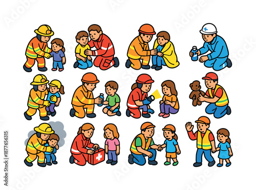 Rescue Icons Set. firefighters and emergency personnel working with children in crisis. Colorful isometric vector icons set of firefighters and emergency