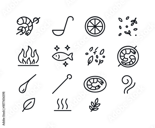 Shrimp Skewers Icons. Shrimp skewers. Line icon set of shrimp skewers: double shrimp swirl, marinade ladle, citrus icon, grill flame trio, seafood freshness