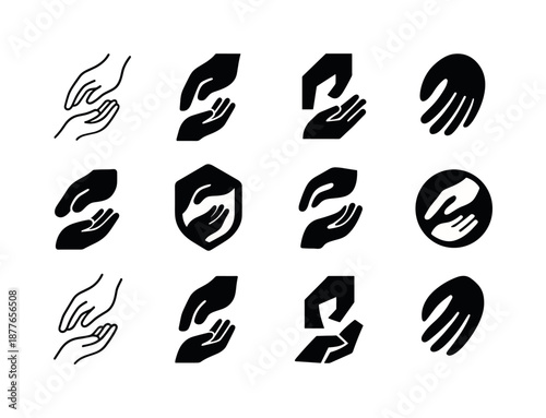 Poverty Alleviation Icons. Poverty alleviation. Icon set. Set Logo of poverty alleviation: helping hand. harmonious logo variations of the same emblematic