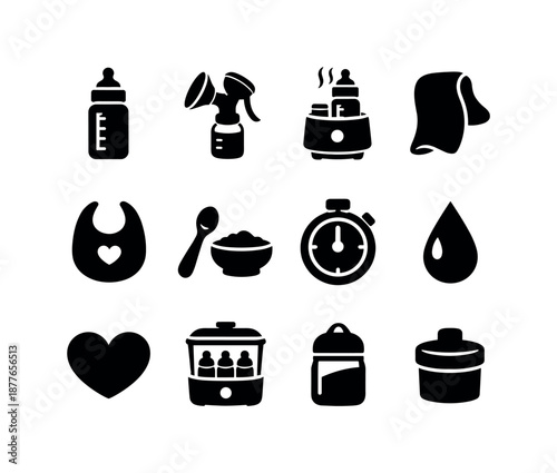 Feeding Essentials Icons. Feeding time. Solid icon set of Feeding time: milk bottle, breast pump, warm milk icon, burp cloth, bib, feeding spoon, bowl, timer,