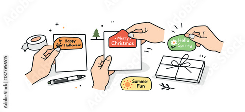 Seasonal Tags Selection. Seasonal event tags. A friendly editorial scene of hands selecting and attaching seasonal tags to cards, gentle motion lines showing