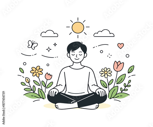 Renewal Amidst Blooms. Mental health spring illustration. A calm person surrounded by blooming flowers and gentle sunlight, expressing renewal and emotional