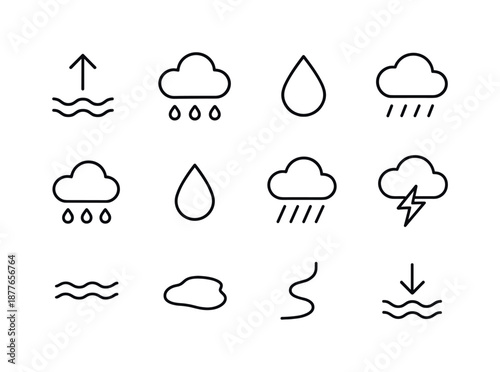 Rainfall Cycle Icons. Rainfall Stages. Line icon set of Rainfall Stages: evaporation arrow, cloud icon, droplet buildup, condensation line, cloud saturation,