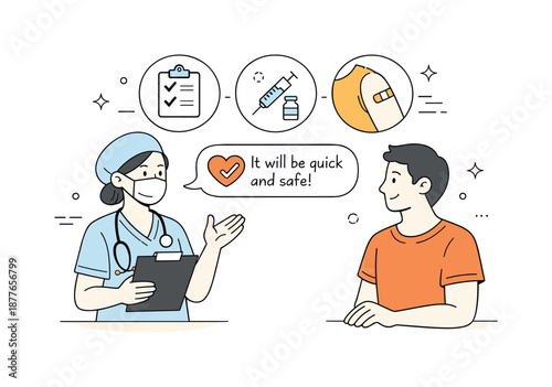 Friendly Vaccination Briefing. Vaccination moment preparation. Healthcare worker explaining the procedure before vaccination, clear communication and