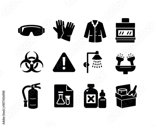 Lab Safety Icons. Lab safety. Solid icon set of Lab safety: safety goggles, gloves, lab coat, fume hood, hazard symbol, caution triangle, emergency shower,
