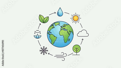 Earth's water cycle illustrated with nature elements in harmony