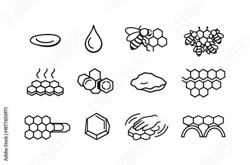 Beeswax Production Icons. How bees make honey. Line icon set of wax production: wax scale, wax secretion drop, bee shaping comb, comb-building cluster, warm