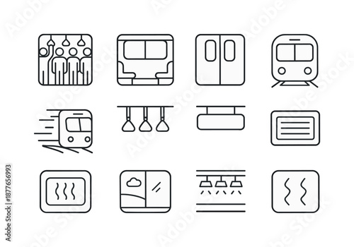 Subway Commute Icons. Subway commute experience. Line icon set of Subway commute experience: crowded car, empty car, door closing, train arriving, train