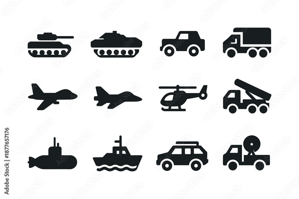 Fototapeta premium Military Vehicles Icons. Military vehicles. Solid icon set of military vehicles: tank, armored personnel carrier, jeep, transport truck, drone, fighter jet,