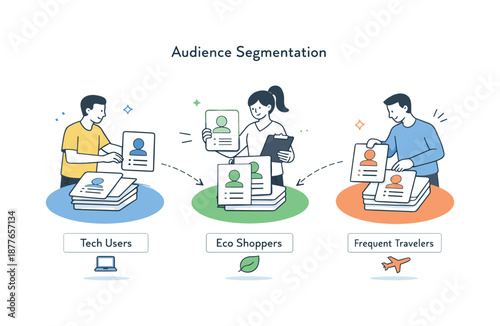 Segmented Marketing Strategy. Audience segmentation. Marketers grouping customer cards into clear segments. Insightful organization and targeting, color-coded