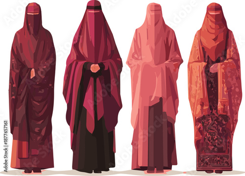 Isolated a kinds of deferent Muslim burqa dress vector art with white background.