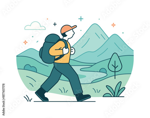 Mountain Hiking Adventure. Nature travel. Person hiking with a backpack in mountains or countryside. Peaceful outdoor adventure with flowing lines showing