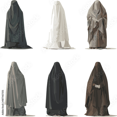 Isolated a kinds of deferent Muslim burqa dress vector art with white background.