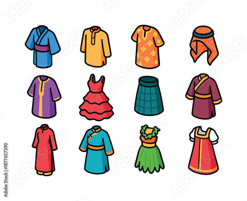 Traditional Garments Icons. Traditional garments. Colorful isometric vector icons set of traditional garments: yukata, kurta, kaftan, keffiyeh, boubou robe,