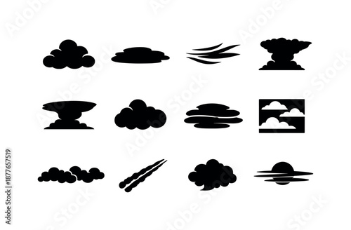 Black Cloud Icons. Cloud formations. Solid icon set of Cloud formations: cumulus cloud, stratus layer, cirrus streak, cumulonimbus mass, anvil cloud, cloud