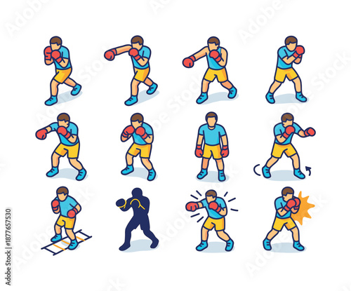 Colorful Boxing Icons. Boxing exercises. Colorful isometric vector icons set of boxing exercises: jab punch, cross punch, hook punch, uppercut punch, defensive