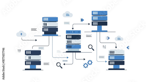 Modern cloud computing infrastructure with interconnected servers and databases