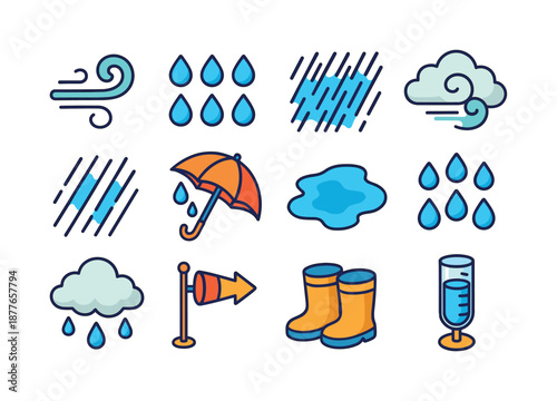 Colorful Weather Icons. wind and rain. Colorful isometric vector icons set of wind and rain: wind swirl icon, raindrop row, heavy rain streaks, gust cloud,