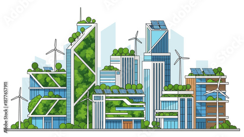 Sustainable cityscape with green buildings and renewable energy systems