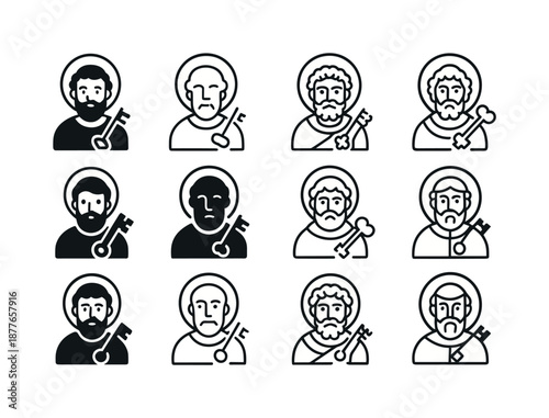 Saint Peter Icon Set. saint peter. Icon set. Set Logo of Saint Peter: symbolic portrait outline. harmonious logo variations of the same emblematic concept,