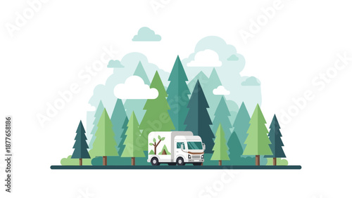 Eco-friendly camper van parked in serene forest with green trees