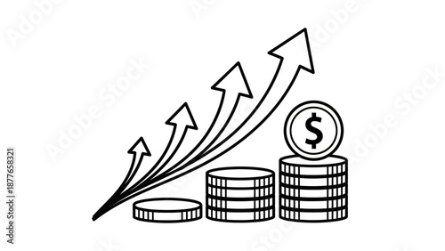 Increasing financial growth with rising arrows and stacked coins