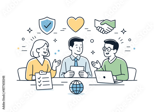 Ethical Collaboration Icons. Corporate ethics and responsibility. Colleagues aligning around shared principles, friendly discussion and mutual respect. Icons
