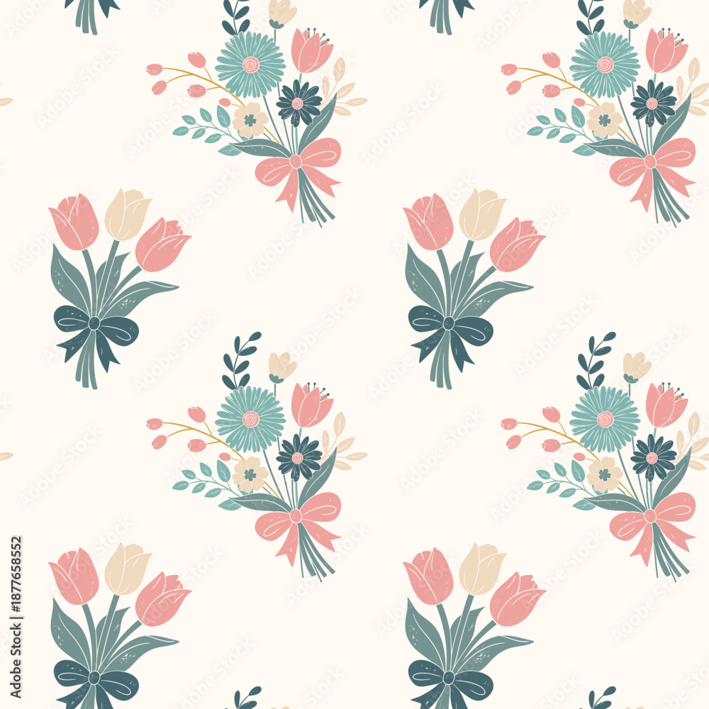 Fototapeta premium Spring seamless pattern with delicate bouquets with tulips, daisies and spring flowers. Soft floral background in flat style
